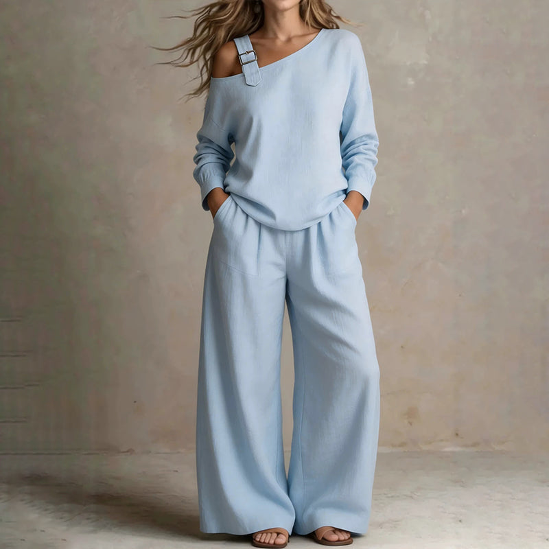 ✨New Arrivals & Special Offers-Women's Elegant One-Shoulder Top & Wide-Leg Pants Set