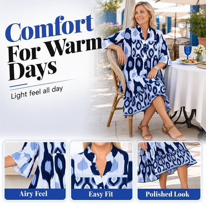 Women Loose Print Short Dress Ruffle Hem Casual V-Neck Tunic