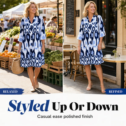 Women Loose Print Short Dress Ruffle Hem Casual V-Neck Tunic