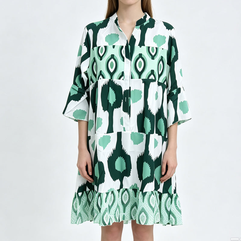 Women Loose Print Short Dress Ruffle Hem Casual V-Neck Tunic
