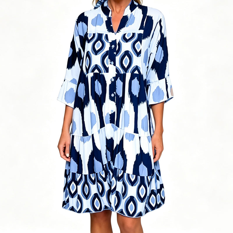 Women Loose Print Short Dress Ruffle Hem Casual V-Neck Tunic