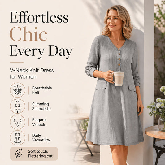Women's V-Neck Vertical Stripe Knit Dress