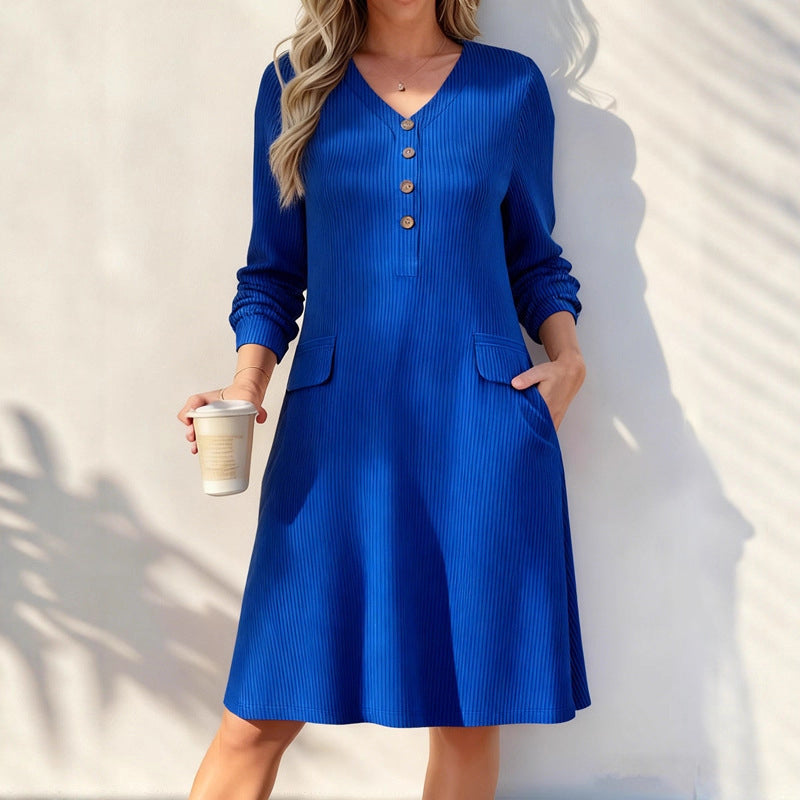 Women's V-Neck Vertical Stripe Knit Dress