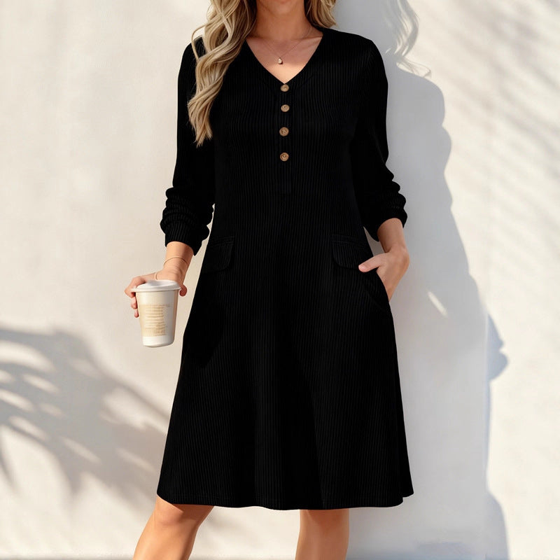 Women's V-Neck Vertical Stripe Knit Dress