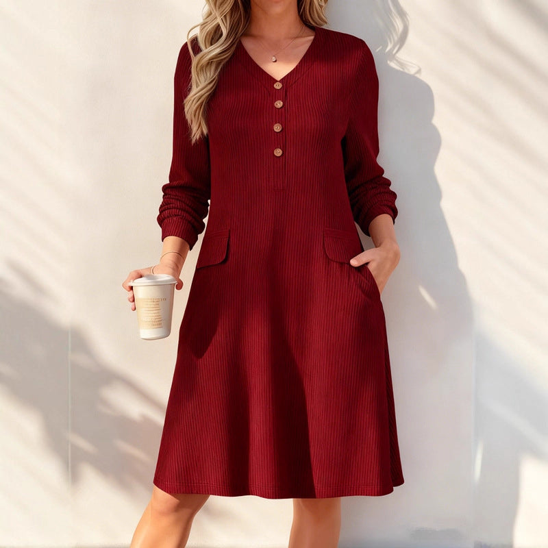 Women's V-Neck Vertical Stripe Knit Dress