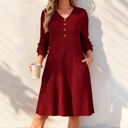 Women's V-Neck Vertical Stripe Knit Dress