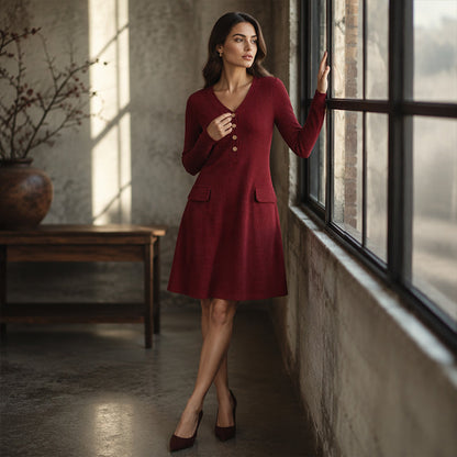 Women's V-Neck Vertical Stripe Knit Dress