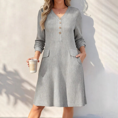 Women's V-Neck Vertical Stripe Knit Dress