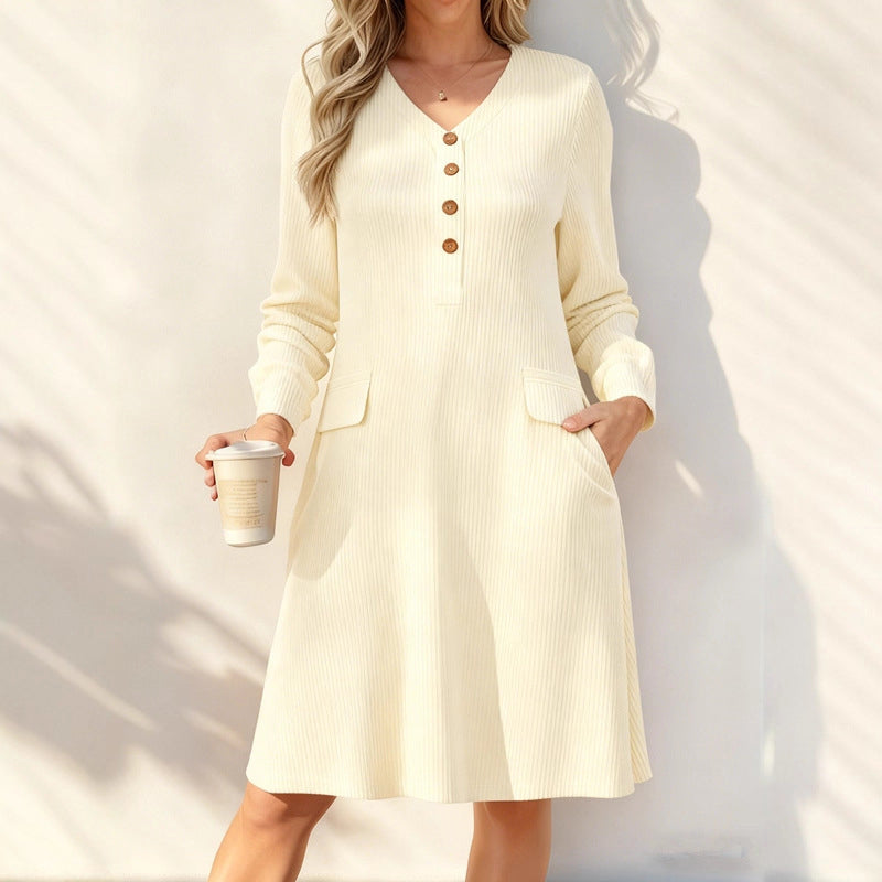 Women's V-Neck Vertical Stripe Knit Dress