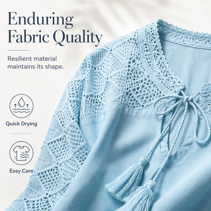 👚 Women's V-Neck Hollow Out Sleeve Top — Lightweight Lace Trim Blouse with Flattering V-Neckline