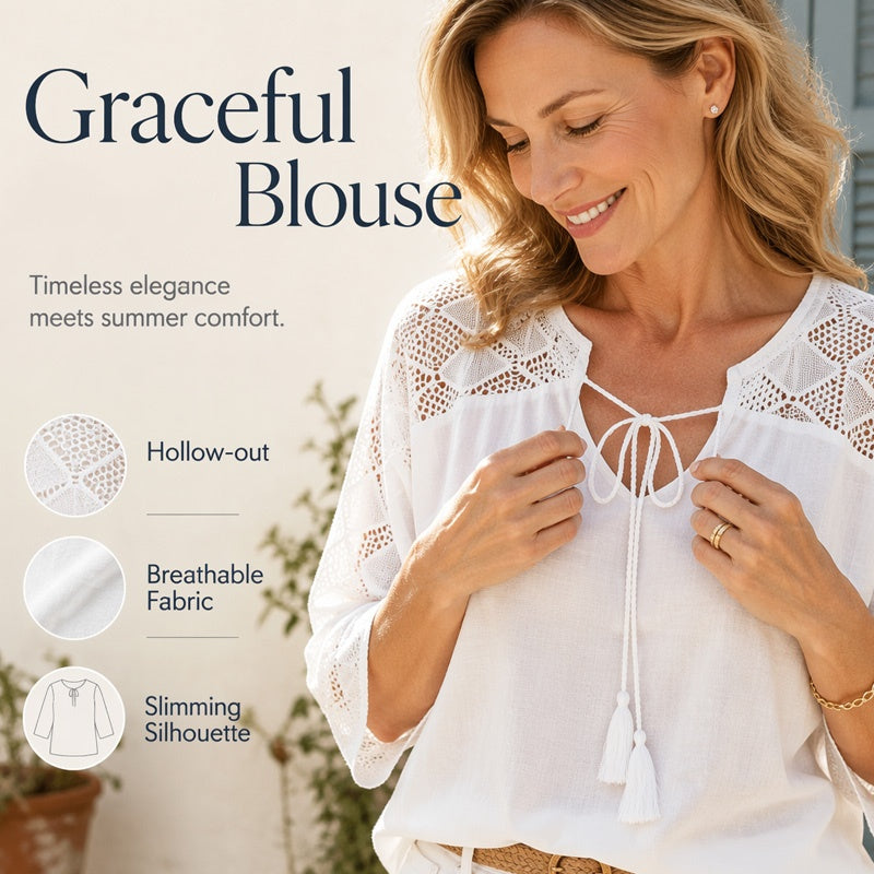 👚 Women's V-Neck Hollow Out Sleeve Top — Lightweight Lace Trim Blouse with Flattering V-Neckline