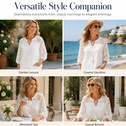 👚 Women's V-Neck Hollow Out Sleeve Top — Lightweight Lace Trim Blouse with Flattering V-Neckline