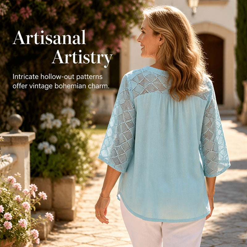 👚 Women's V-Neck Hollow Out Sleeve Top — Lightweight Lace Trim Blouse with Flattering V-Neckline