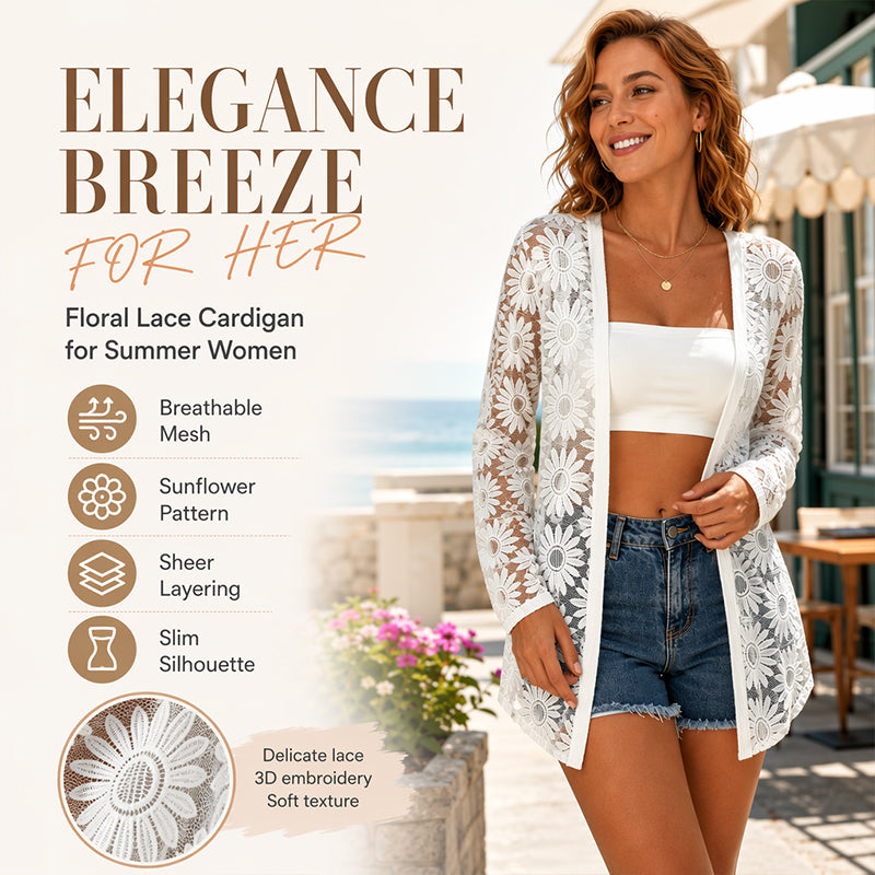 ⌛Limited-Time Offer-Women's Long Sleeve Sunflower Lace Mesh Cardigan
