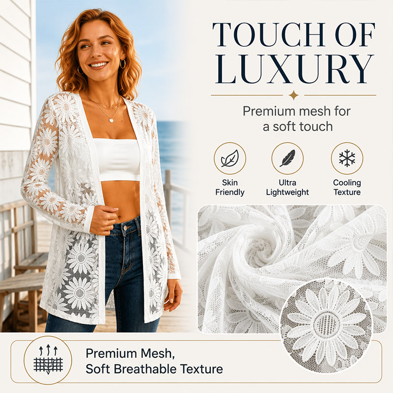 ⌛Limited-Time Offer-Women's Long Sleeve Sunflower Lace Mesh Cardigan