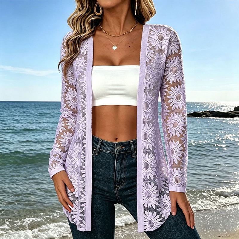 ⌛Limited-Time Offer-Women's Long Sleeve Sunflower Lace Mesh Cardigan