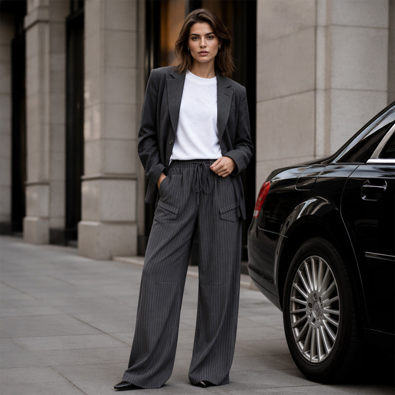 Women's Ribbed Drawstring Straight-Leg Trousers