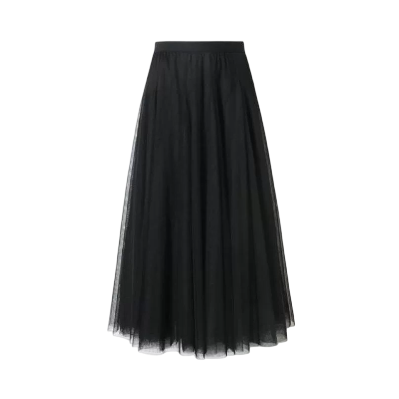 Pleated A-Line Mesh Midi Skirt