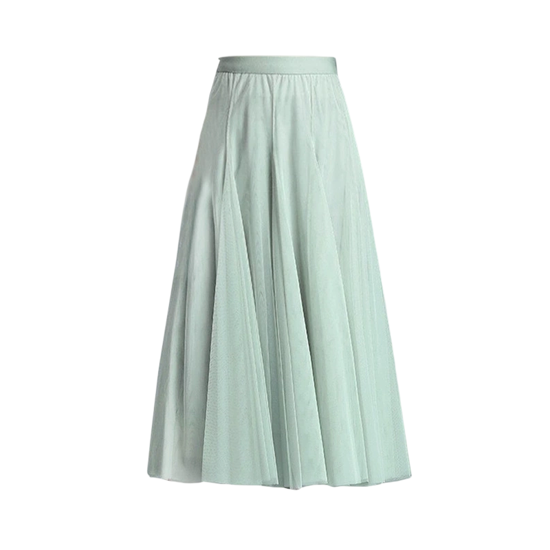 Pleated A-Line Mesh Midi Skirt