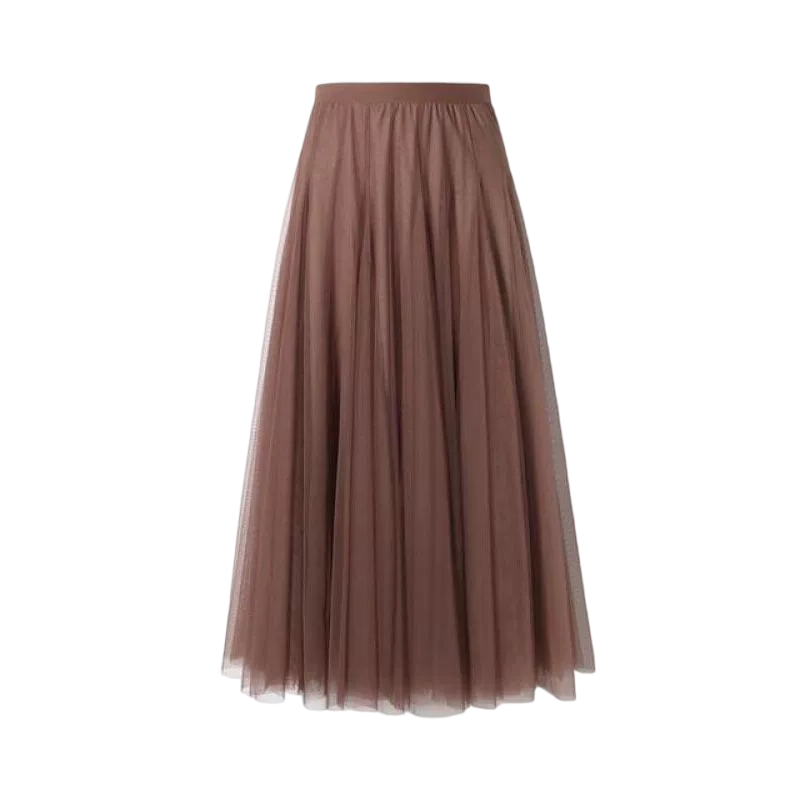 Pleated A-Line Mesh Midi Skirt