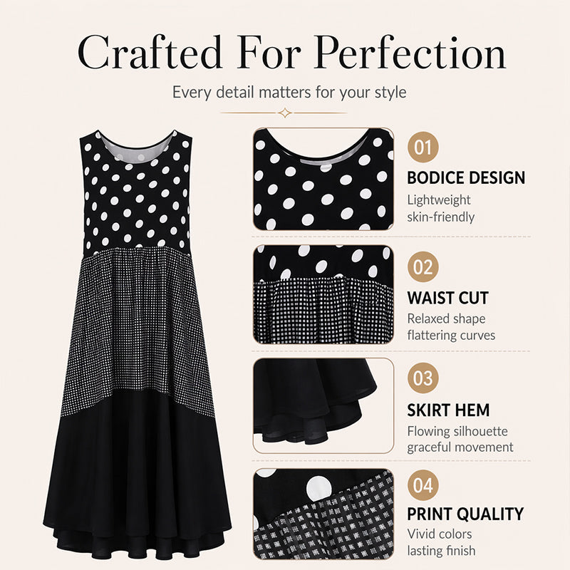 Bestseller🏆👗 Sleeveless Patchwork Dress – Versatile Polka & Plaid Print for Every Occasion 🌸✨