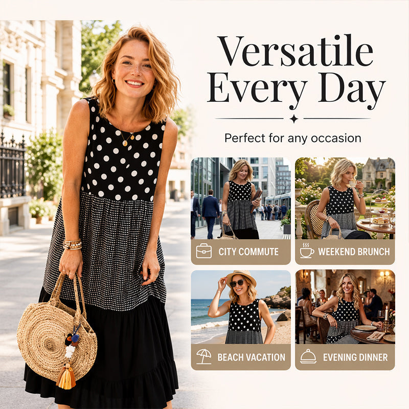 Bestseller🏆👗 Sleeveless Patchwork Dress – Versatile Polka & Plaid Print for Every Occasion 🌸✨
