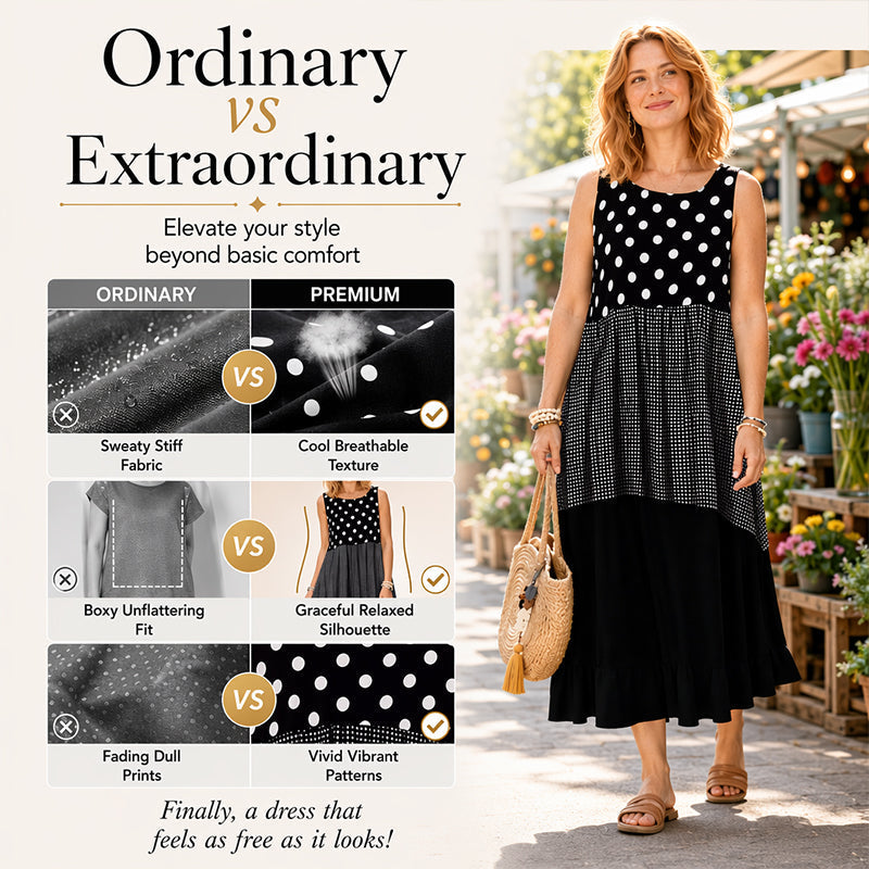 Bestseller🏆👗 Sleeveless Patchwork Dress – Versatile Polka & Plaid Print for Every Occasion 🌸✨