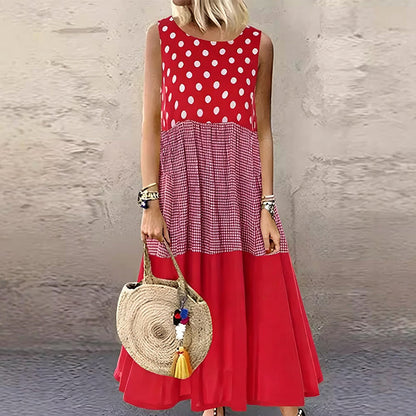Bestseller🏆👗 Sleeveless Patchwork Dress – Versatile Polka & Plaid Print for Every Occasion 🌸✨