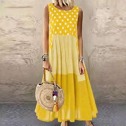 Bestseller🏆👗 Sleeveless Patchwork Dress – Versatile Polka & Plaid Print for Every Occasion 🌸✨