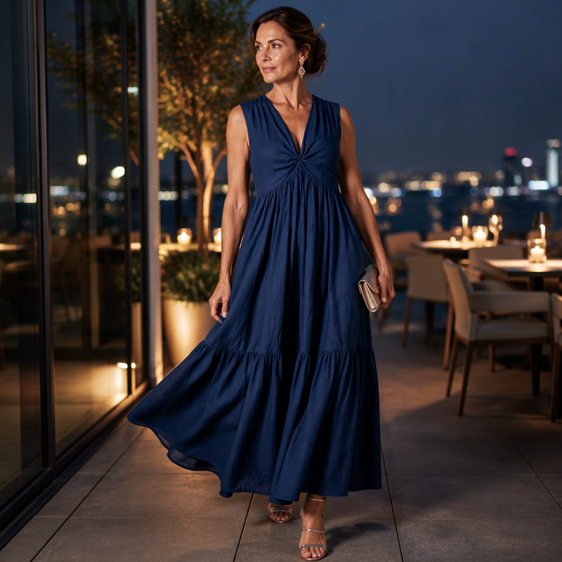 ✨🛍️Fresh Drop - V-Neck Pleated Dress with Side Pockets – Lightweight & Breezy for Beach Strolls or Brunch 🍃