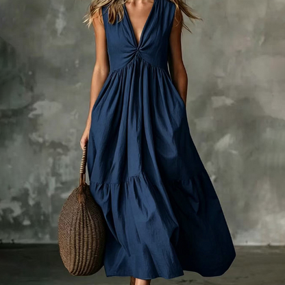 ✨🛍️Fresh Drop - V-Neck Pleated Dress with Side Pockets – Lightweight & Breezy for Beach Strolls or Brunch 🍃