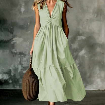 ✨🛍️Fresh Drop - V-Neck Pleated Dress with Side Pockets – Lightweight & Breezy for Beach Strolls or Brunch 🍃