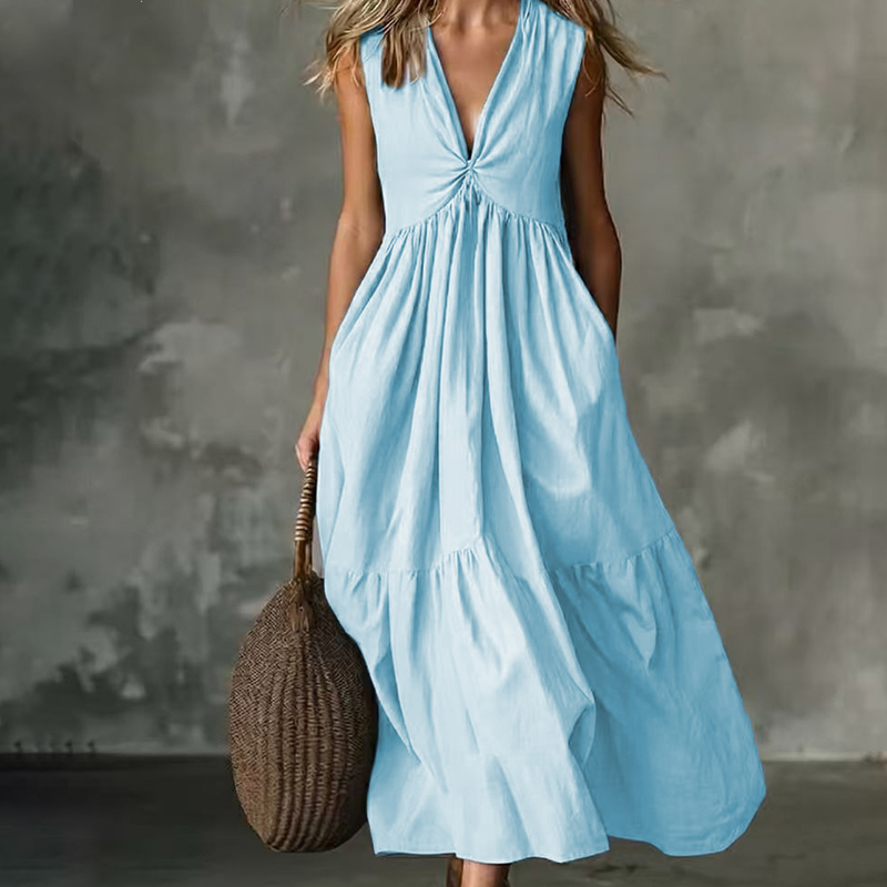 ✨🛍️Fresh Drop - V-Neck Pleated Dress with Side Pockets – Lightweight & Breezy for Beach Strolls or Brunch 🍃