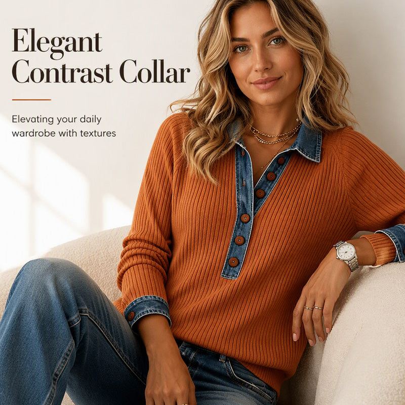 Women's Denim Collar Long Sleeve Patchwork Knit Top