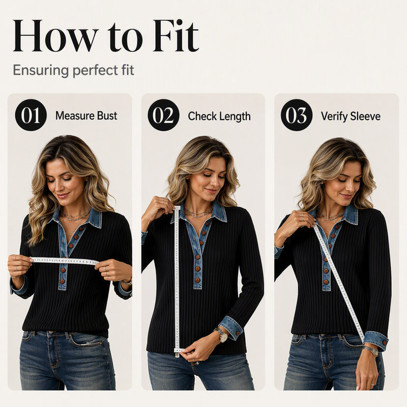 Women's Denim Collar Long Sleeve Patchwork Knit Top