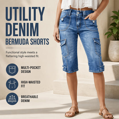 Women’s Knee Length Denim Cargo Shorts with Pockets