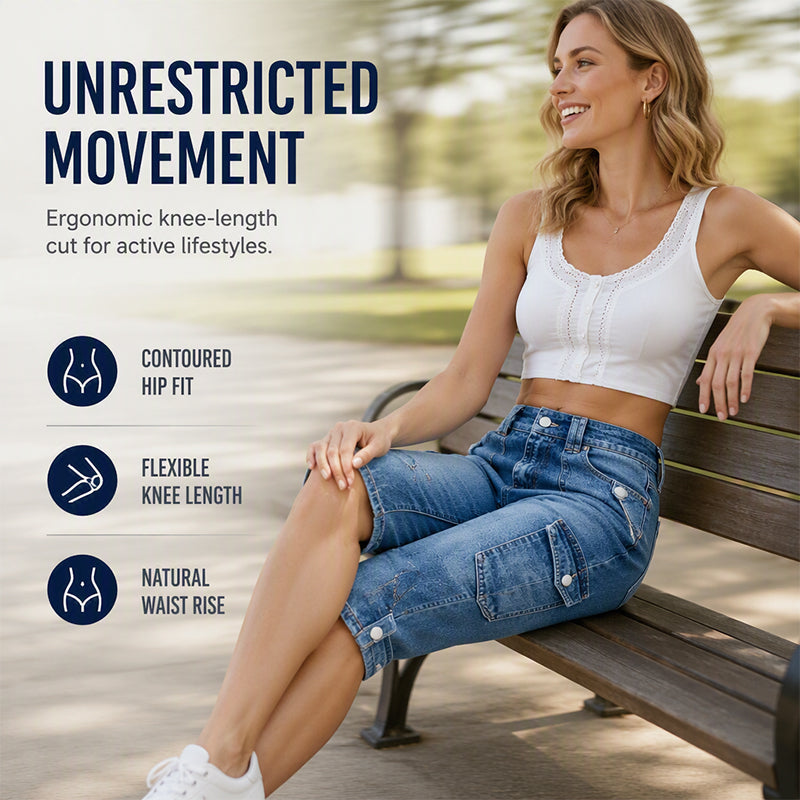 Women’s Knee Length Denim Cargo Shorts with Pockets