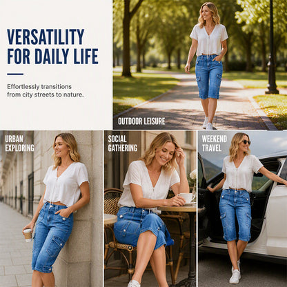 Women’s Knee Length Denim Cargo Shorts with Pockets