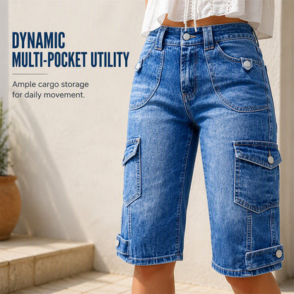 Women’s Knee Length Denim Cargo Shorts with Pockets