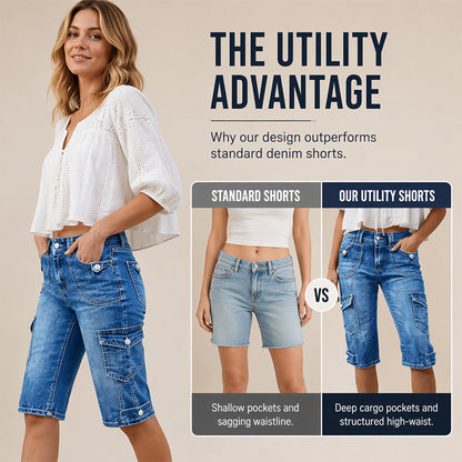 Women’s Knee Length Denim Cargo Shorts with Pockets