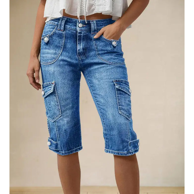 Women’s Knee Length Denim Cargo Shorts with Pockets