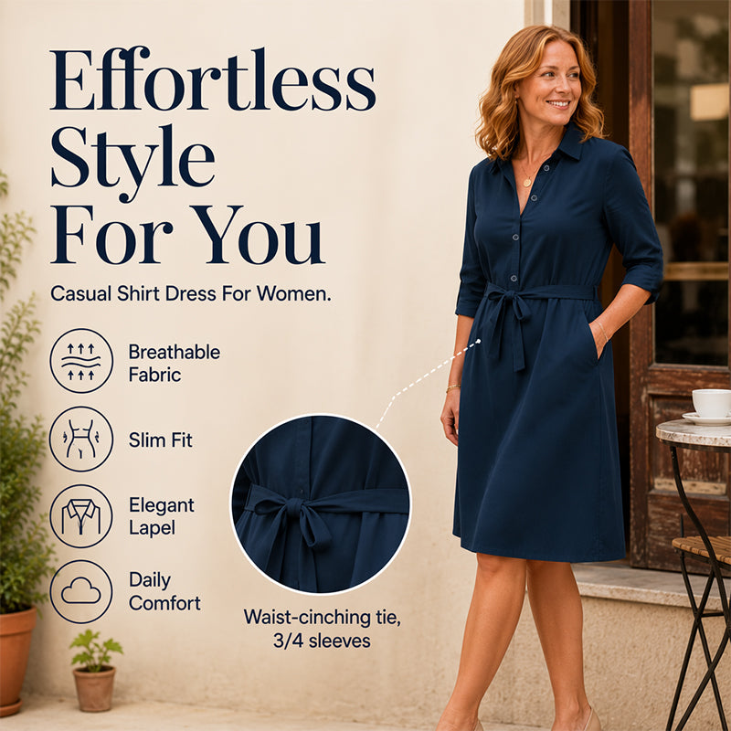 Women's 3/4 Sleeve Shirt Dress with Belt