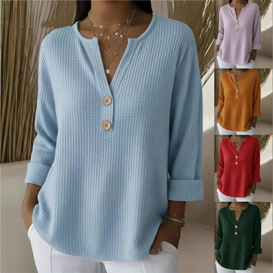 Women's Waffle Knit Button-Up V-Neck Tops
