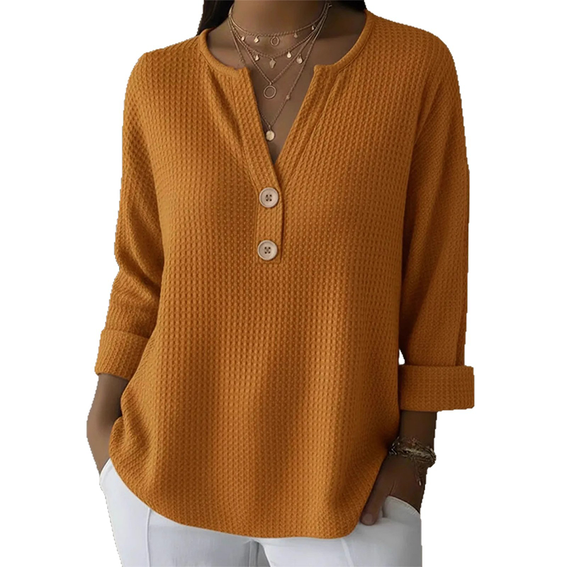 Women's Waffle Knit Button-Up V-Neck Tops