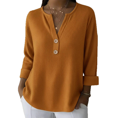 Women's Waffle Knit Button-Up V-Neck Tops