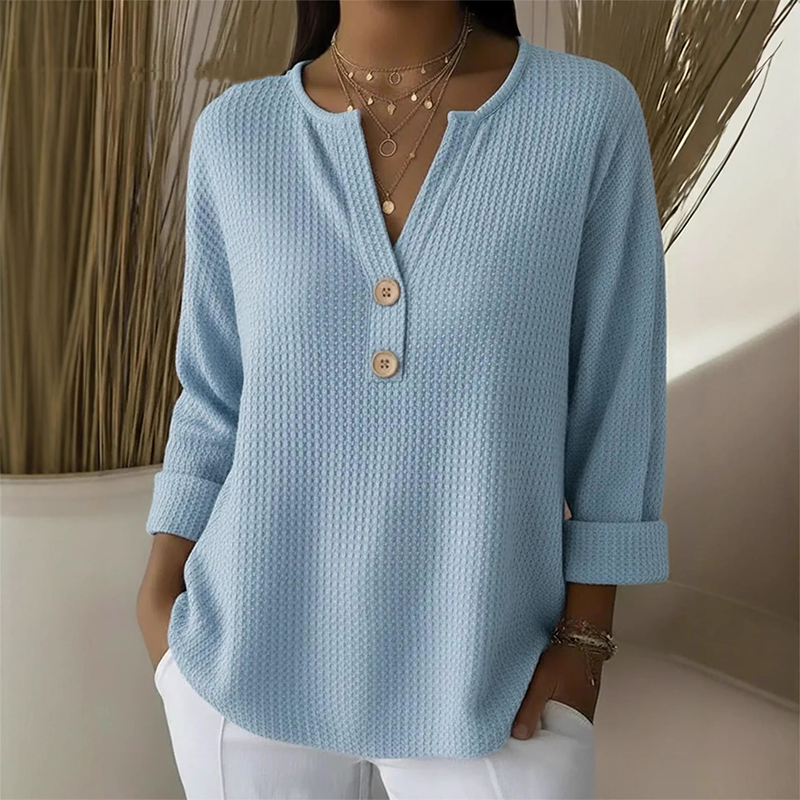 Women's Waffle Knit Button-Up V-Neck Tops