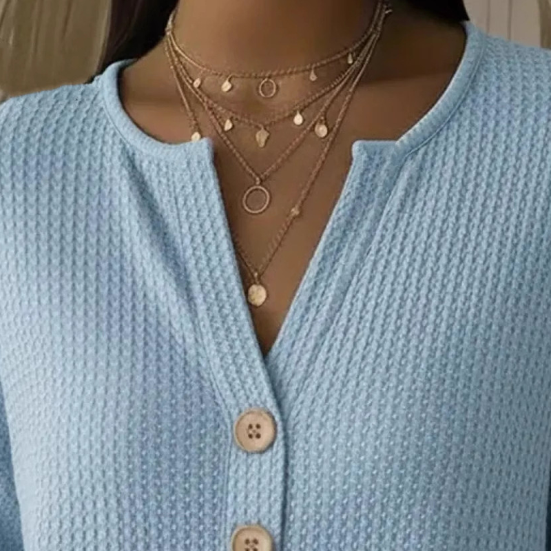 Women's Waffle Knit Button-Up V-Neck Tops
