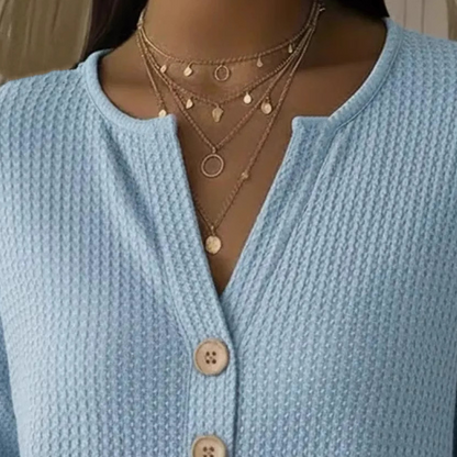 Women's Waffle Knit Button-Up V-Neck Tops