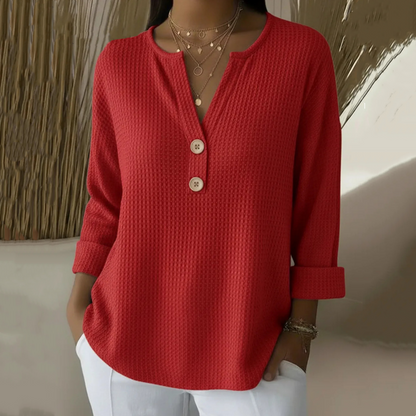 Women's Waffle Knit Button-Up V-Neck Tops
