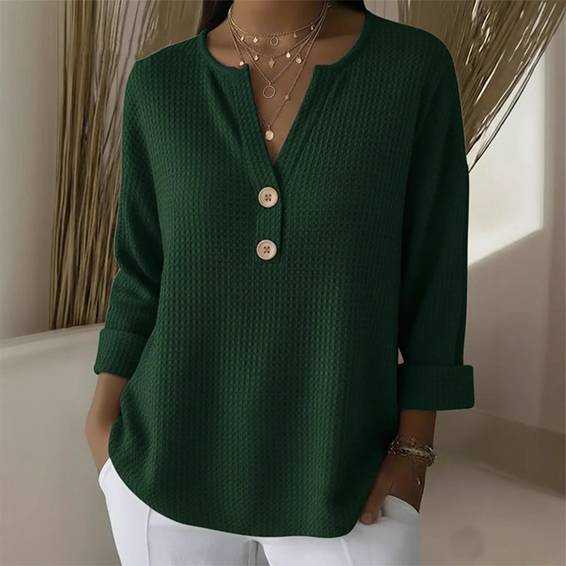 Women's Waffle Knit Button-Up V-Neck Tops